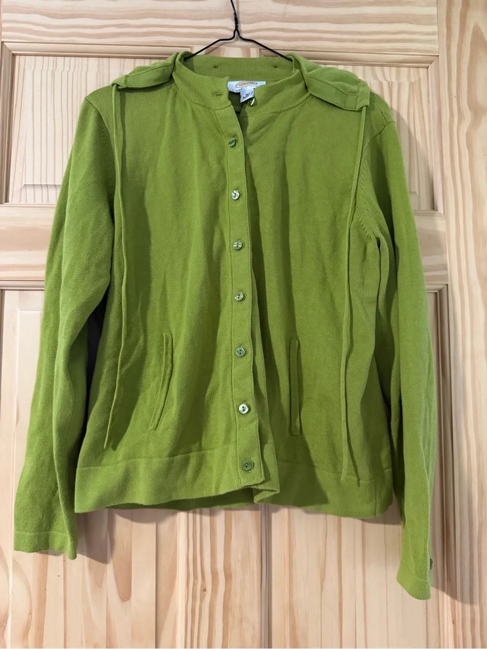 Talbots Petites Removable Hood Knit Button Down Sweatshirt Medium Green